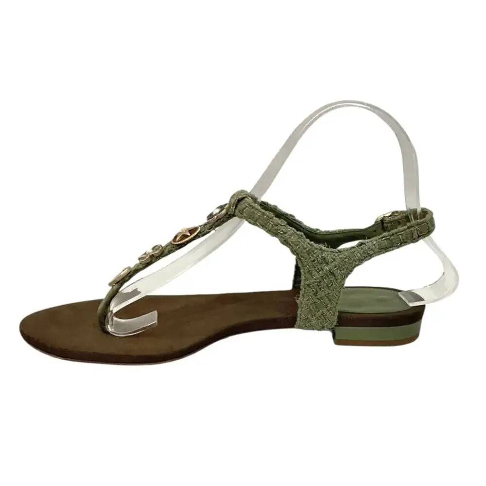 Chanel 17C Tweed Cruise Charm Thong Sandals Khaki EU 37.5 US 7.5